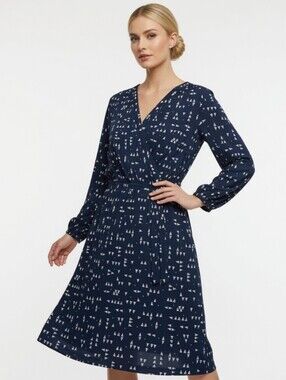 Maison Jules Navy Wrap Midi Dress with White Triangle Print (Size: Large)